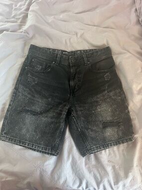 Bershka Washed Black Distressed Denim Shorts